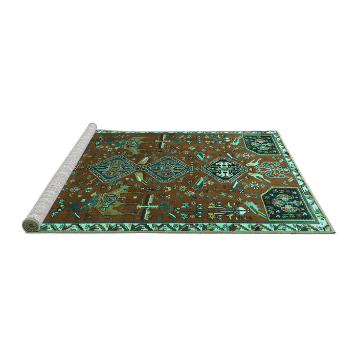 Sideview of Machine Washable Persian Turquoise Traditional Area Rugs, wshtr884turq