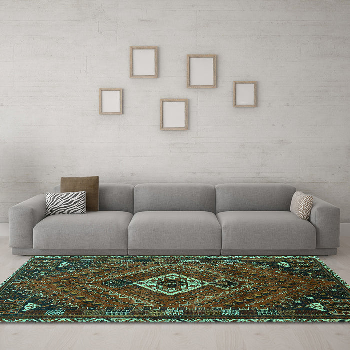Machine Washable Persian Turquoise Traditional Area Rugs in a Living Room,, wshtr885turq