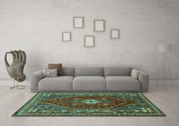 Machine Washable Persian Turquoise Traditional Area Rugs in a Living Room,, wshtr886turq