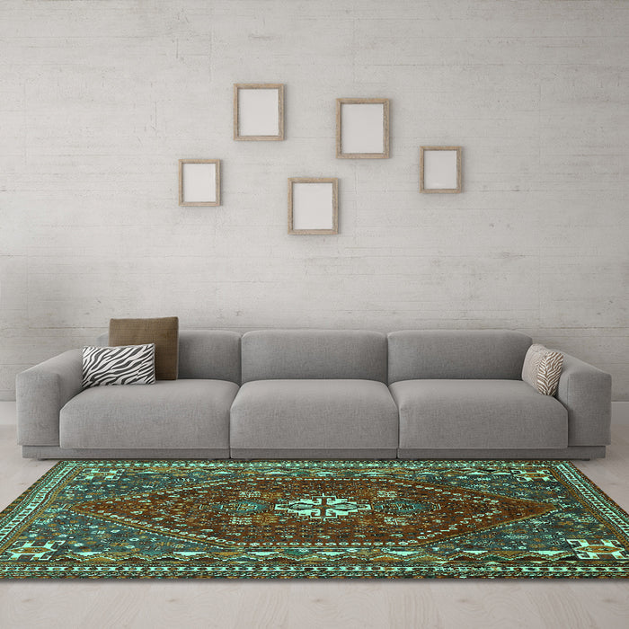 Machine Washable Persian Turquoise Traditional Area Rugs in a Living Room,, wshtr886turq