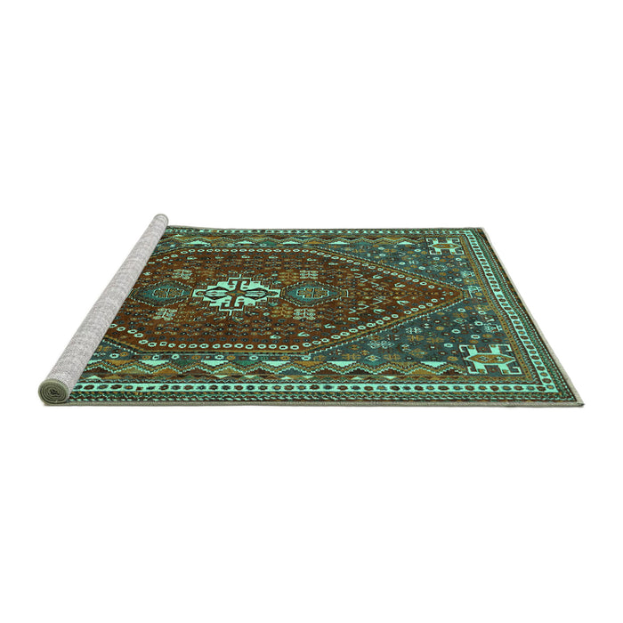 Sideview of Machine Washable Persian Turquoise Traditional Area Rugs, wshtr886turq