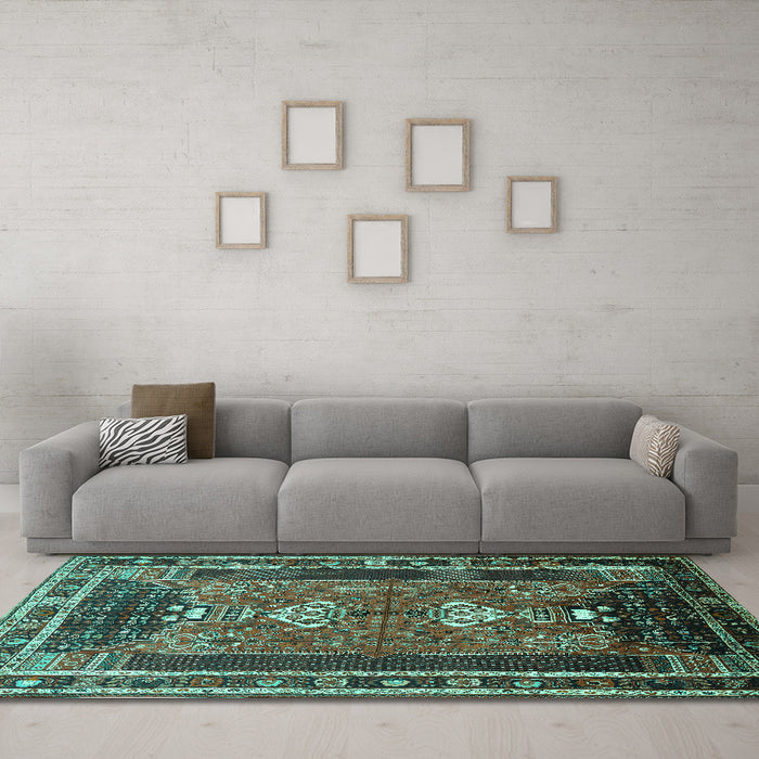 Machine Washable Persian Turquoise Traditional Area Rugs in a Living Room,, wshtr887turq