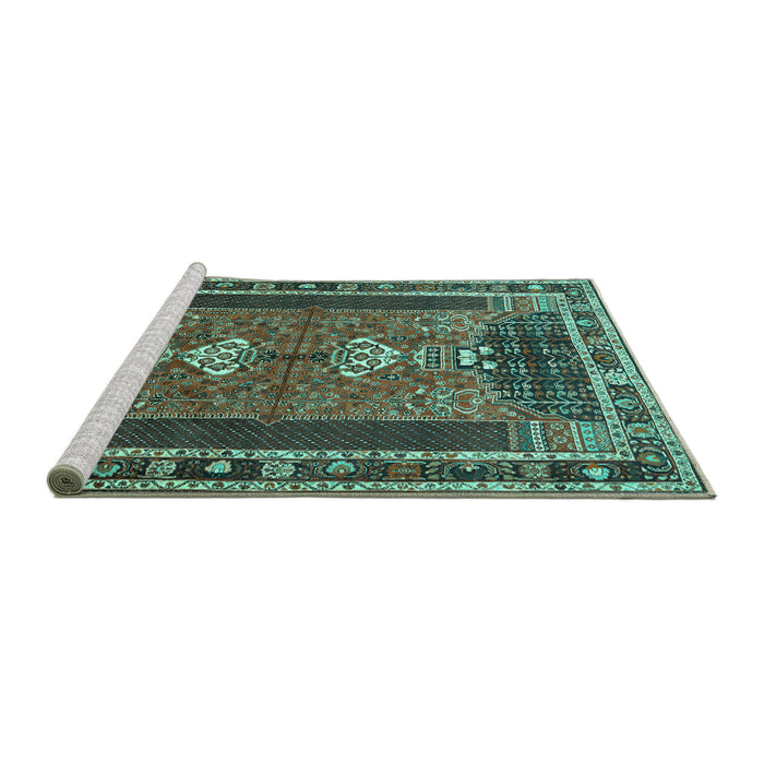 Sideview of Machine Washable Persian Turquoise Traditional Area Rugs, wshtr887turq