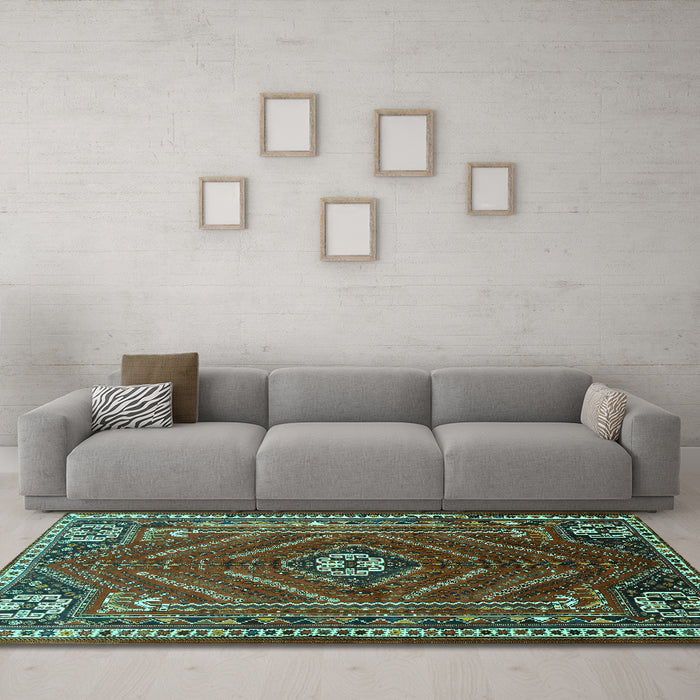 Machine Washable Persian Turquoise Traditional Area Rugs in a Living Room,, wshtr889turq