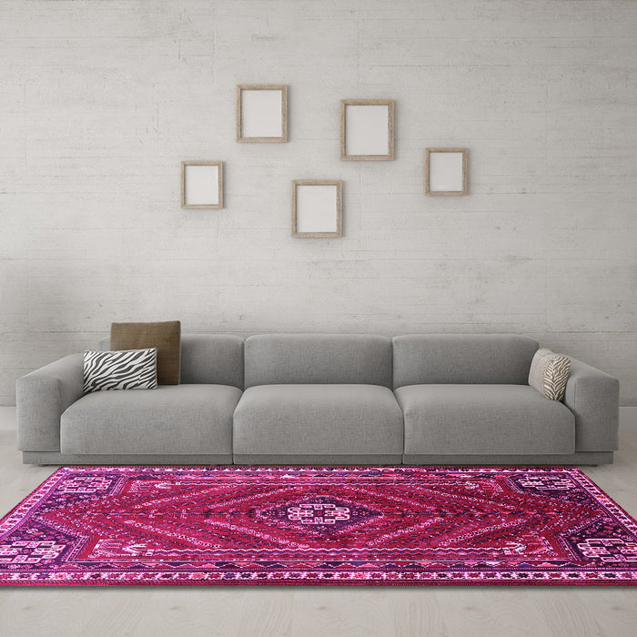 Machine Washable Persian Pink Traditional Rug in a Living Room, wshtr889pnk
