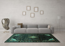 Machine Washable Medallion Turquoise Traditional Area Rugs in a Living Room,, wshtr88turq