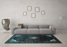 Machine Washable Medallion Light Blue Traditional Rug in a Living Room, wshtr88lblu