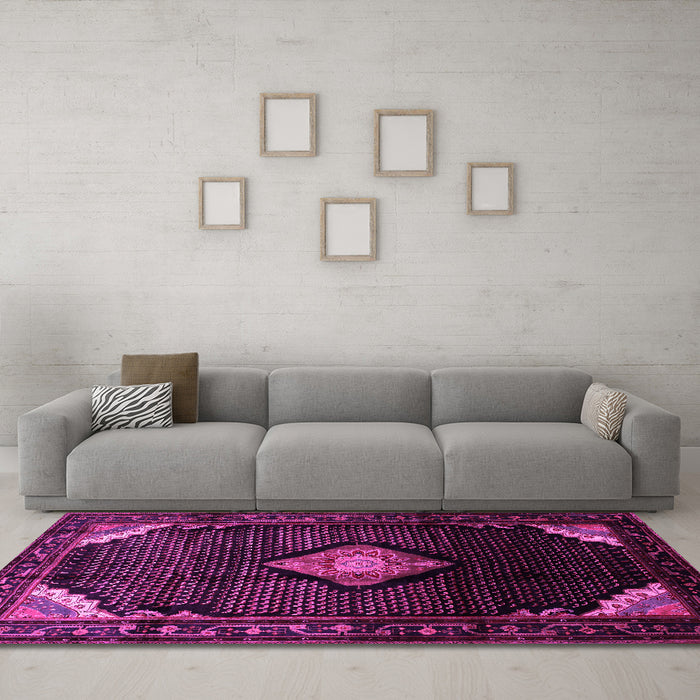 Machine Washable Medallion Pink Traditional Rug in a Living Room, wshtr88pnk