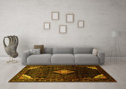 Machine Washable Medallion Yellow Traditional Rug in a Living Room, wshtr88yw