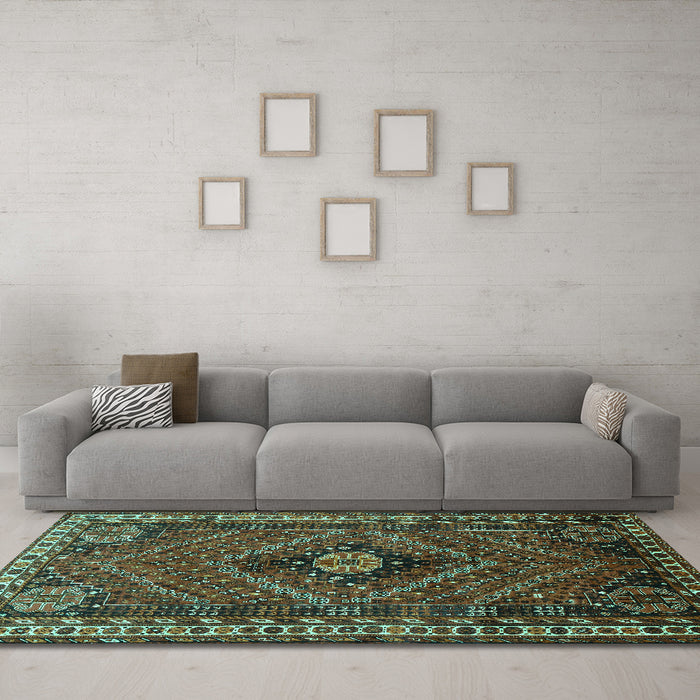 Machine Washable Persian Turquoise Traditional Area Rugs in a Living Room,, wshtr890turq