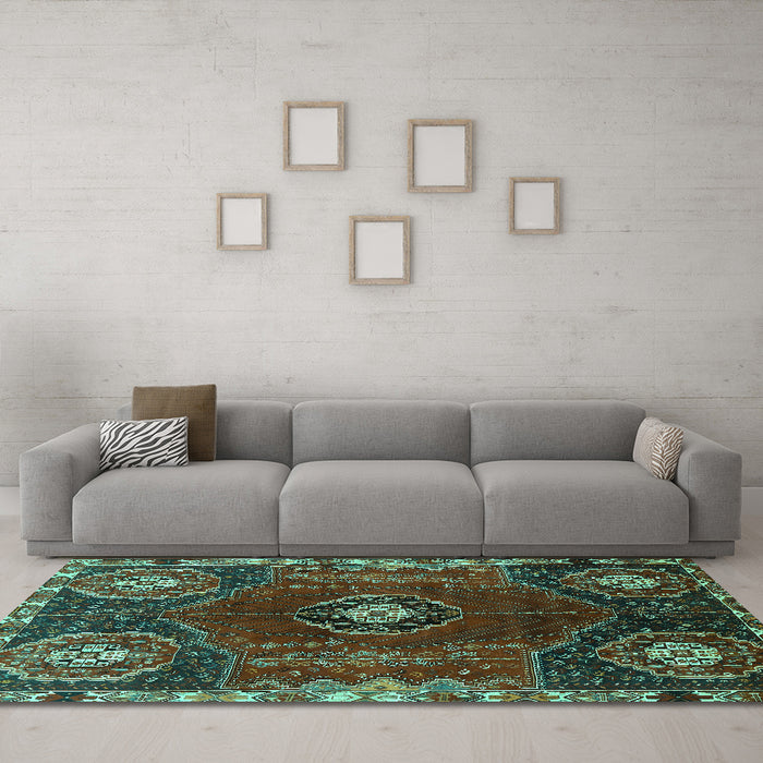 Machine Washable Persian Turquoise Traditional Area Rugs in a Living Room,, wshtr896turq