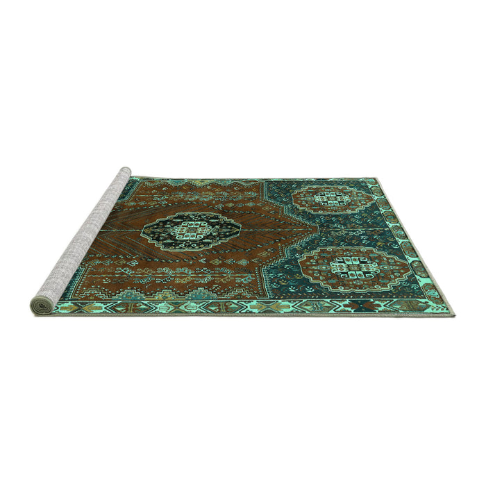Sideview of Machine Washable Persian Turquoise Traditional Area Rugs, wshtr896turq