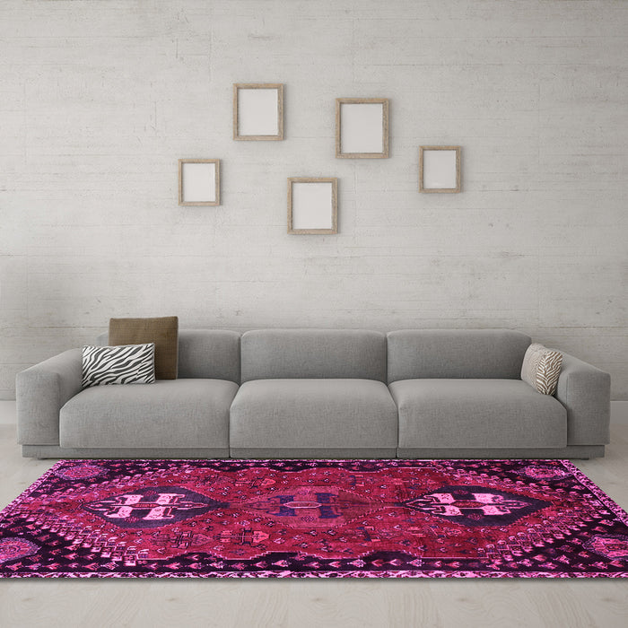 Machine Washable Persian Pink Traditional Rug in a Living Room, wshtr897pnk