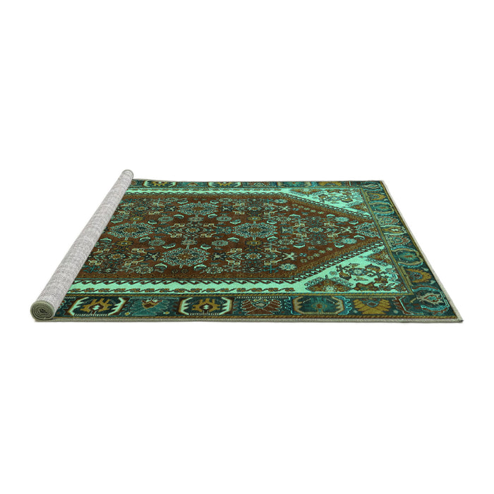 Sideview of Machine Washable Persian Turquoise Traditional Area Rugs, wshtr898turq