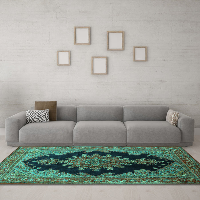 Machine Washable Medallion Turquoise Traditional Area Rugs in a Living Room,, wshtr89turq