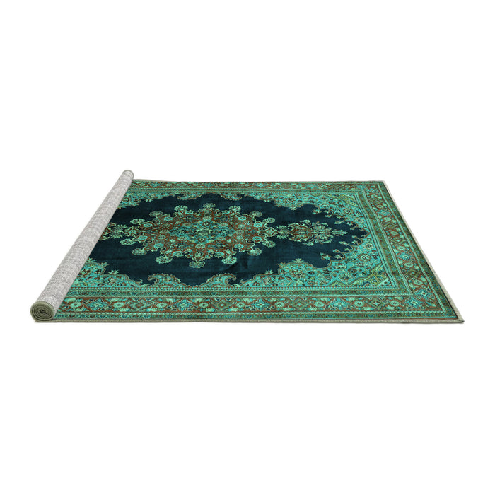 Sideview of Machine Washable Medallion Turquoise Traditional Area Rugs, wshtr89turq