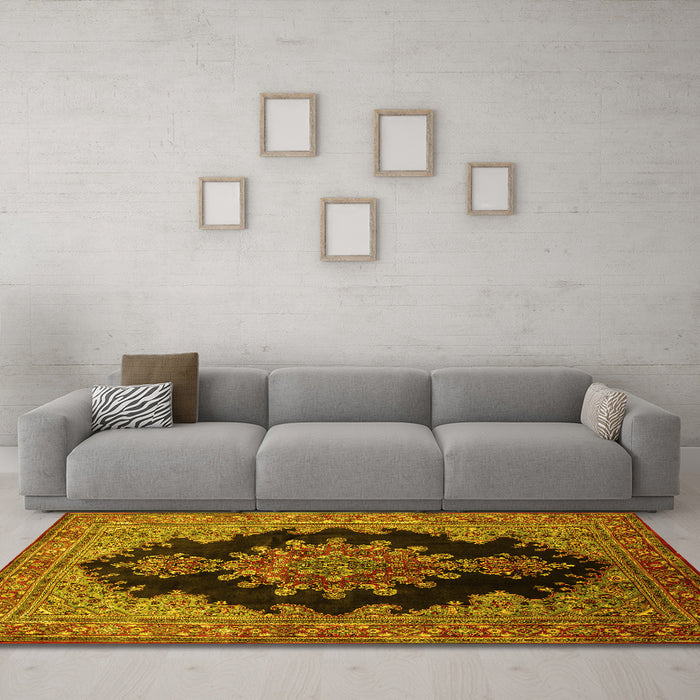 Machine Washable Medallion Yellow Traditional Rug in a Living Room, wshtr89yw