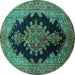 Round Machine Washable Medallion Turquoise Traditional Area Rugs, wshtr89turq