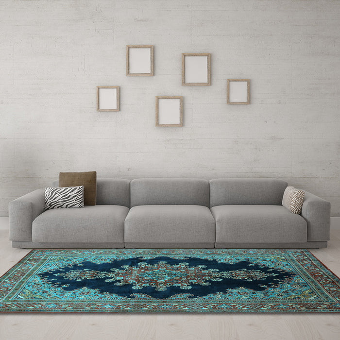 Machine Washable Medallion Light Blue Traditional Rug in a Living Room, wshtr89lblu