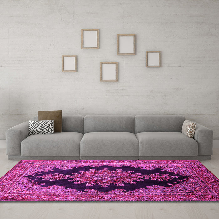 Machine Washable Medallion Pink Traditional Rug in a Living Room, wshtr89pnk