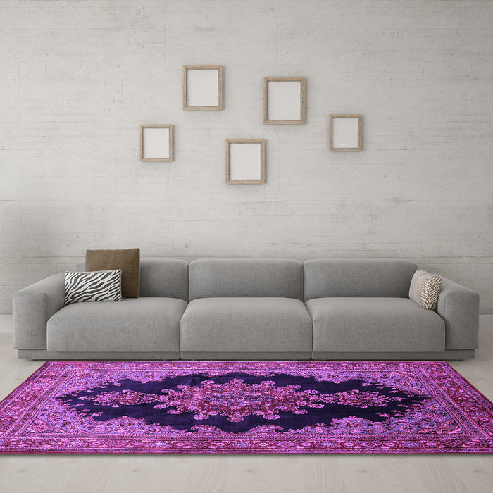 Machine Washable Medallion Purple Traditional Area Rugs in a Living Room, wshtr89pur