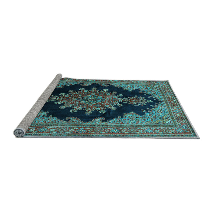 Sideview of Machine Washable Medallion Light Blue Traditional Rug, wshtr89lblu