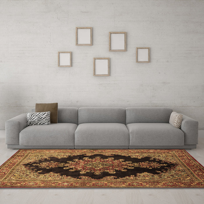 Machine Washable Medallion Brown Traditional Rug in a Living Room,, wshtr89brn