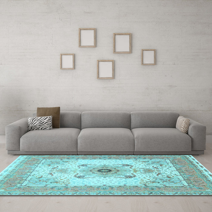 Machine Washable Medallion Light Blue Traditional Rug in a Living Room, wshtr8lblu