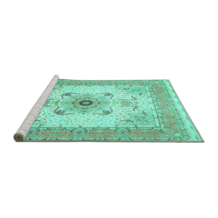 Sideview of Machine Washable Medallion Turquoise Traditional Area Rugs, wshtr8turq
