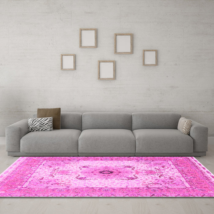 Machine Washable Medallion Pink Traditional Rug in a Living Room, wshtr8pnk