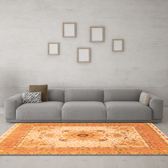 Machine Washable Medallion Orange Traditional Area Rugs in a Living Room, wshtr8org