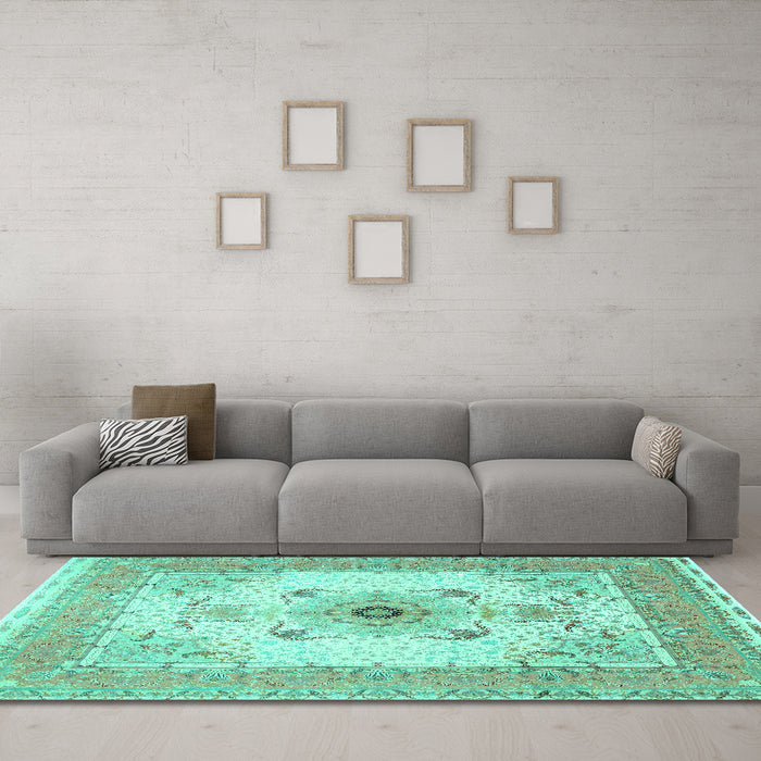 Machine Washable Medallion Turquoise Traditional Area Rugs in a Living Room,, wshtr8turq