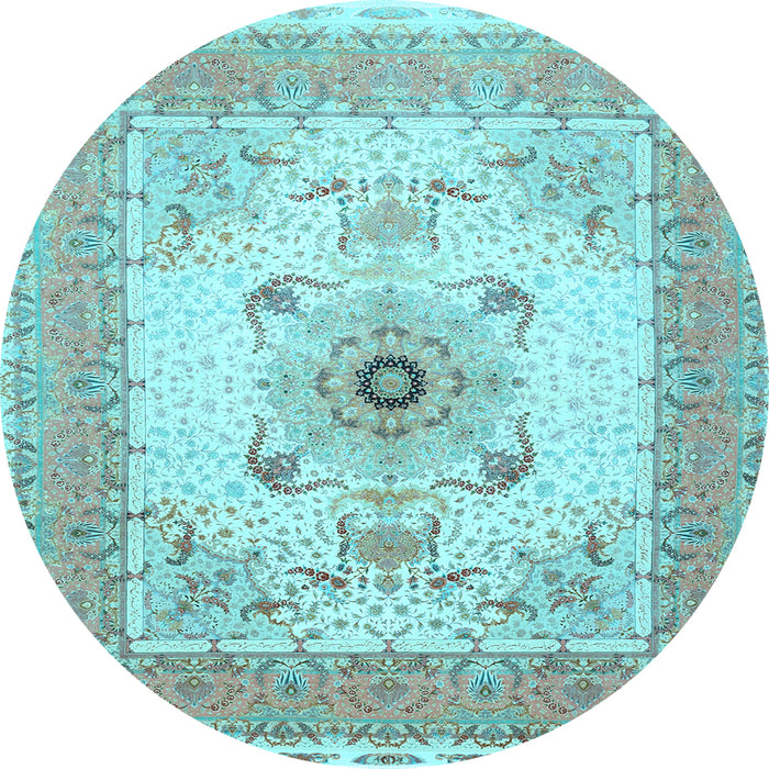 Round Machine Washable Medallion Light Blue Traditional Rug, wshtr8lblu