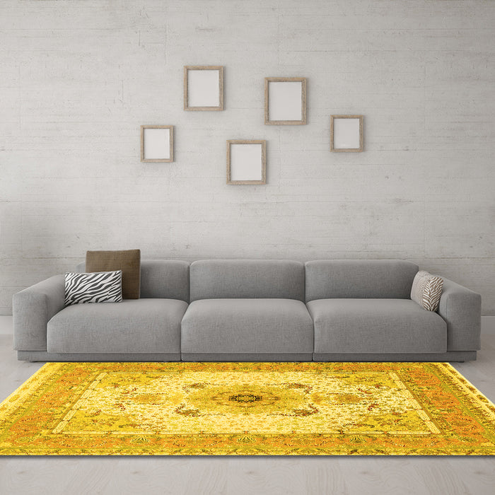 Machine Washable Medallion Yellow Traditional Rug in a Living Room, wshtr8yw