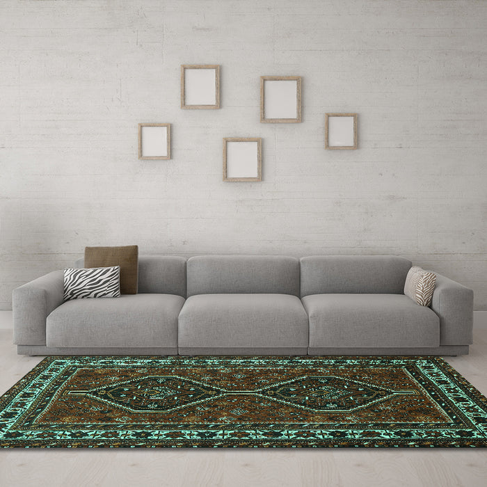 Machine Washable Persian Turquoise Traditional Area Rugs in a Living Room,, wshtr901turq