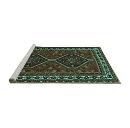 Sideview of Machine Washable Persian Turquoise Traditional Area Rugs, wshtr901turq