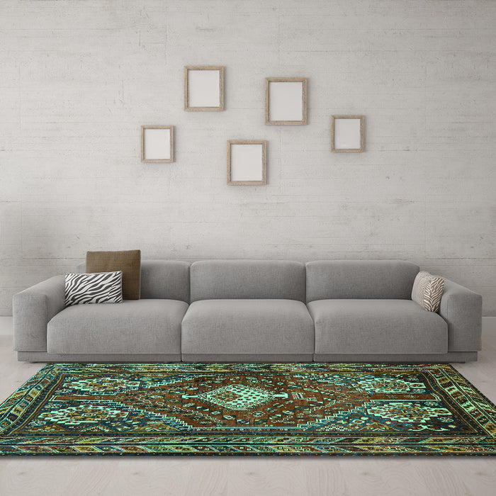 Machine Washable Persian Turquoise Traditional Area Rugs in a Living Room,, wshtr902turq