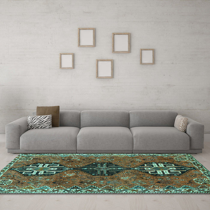 Machine Washable Persian Turquoise Traditional Area Rugs in a Living Room,, wshtr905turq
