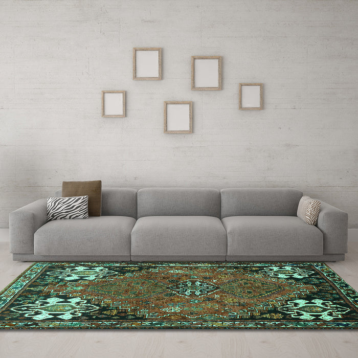 Machine Washable Persian Turquoise Traditional Area Rugs in a Living Room,, wshtr907turq