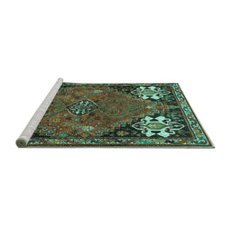 Sideview of Machine Washable Persian Turquoise Traditional Area Rugs, wshtr907turq