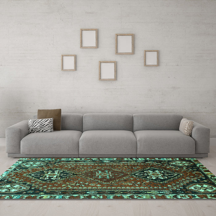 Machine Washable Persian Turquoise Traditional Area Rugs in a Living Room,, wshtr908turq