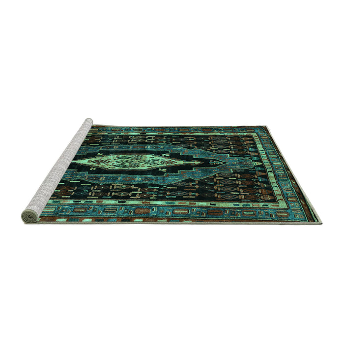 Sideview of Machine Washable Persian Turquoise Traditional Area Rugs, wshtr90turq