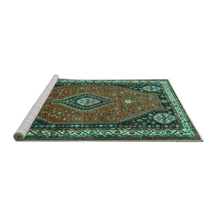 Sideview of Machine Washable Persian Turquoise Traditional Area Rugs, wshtr912turq
