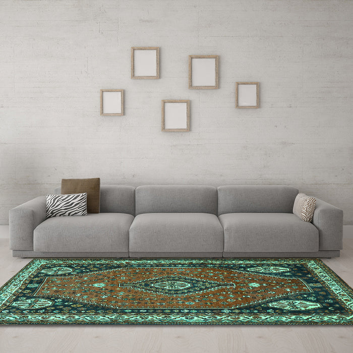 Machine Washable Persian Turquoise Traditional Area Rugs in a Living Room,, wshtr912turq