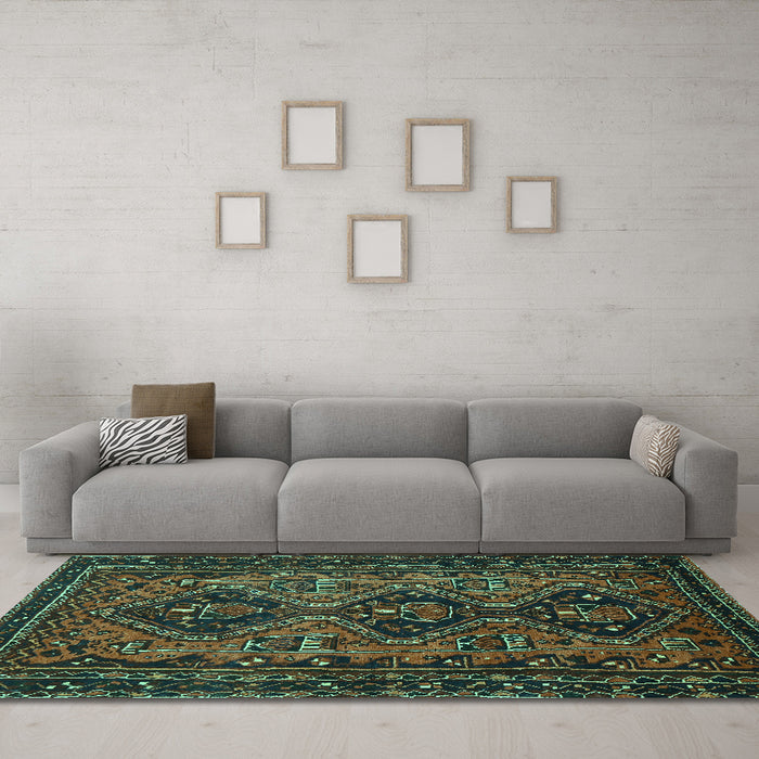 Machine Washable Persian Turquoise Traditional Area Rugs in a Living Room,, wshtr913turq