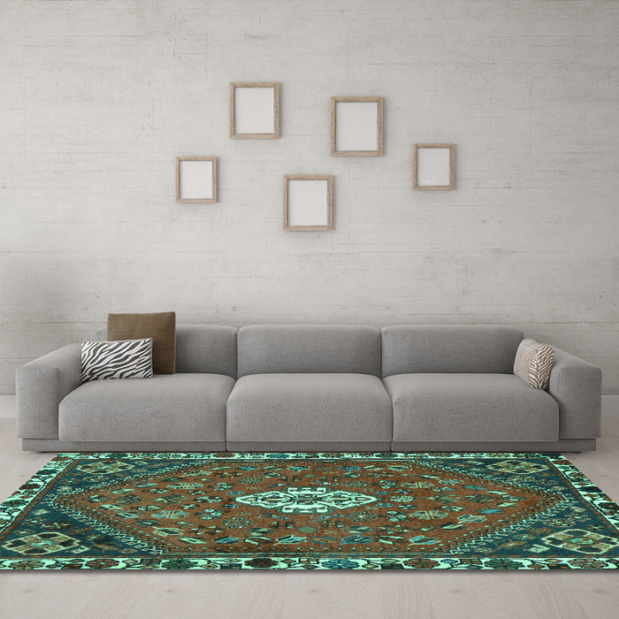 Machine Washable Persian Turquoise Traditional Area Rugs in a Living Room,, wshtr915turq