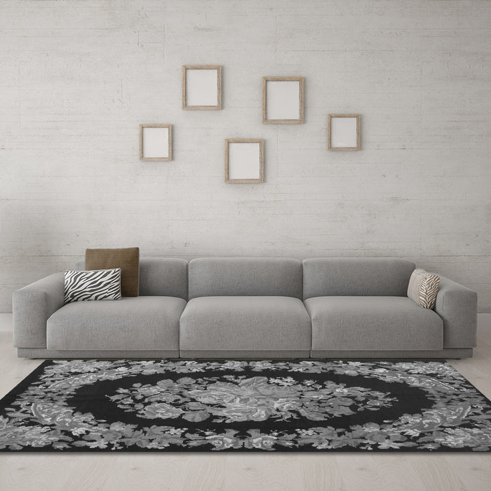 Machine Washable Medallion Gray French Rug in a Living Room,, wshtr920gry