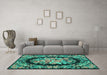 Machine Washable Medallion Turquoise French Area Rugs in a Living Room,, wshtr921turq