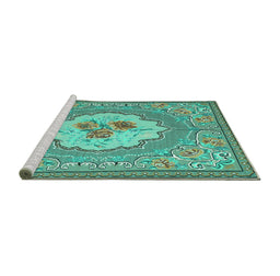 Sideview of Machine Washable Medallion Turquoise French Area Rugs, wshtr922turq