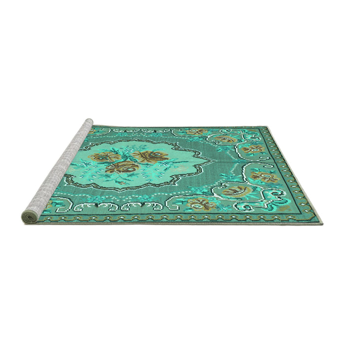Sideview of Machine Washable Medallion Turquoise French Area Rugs, wshtr922turq
